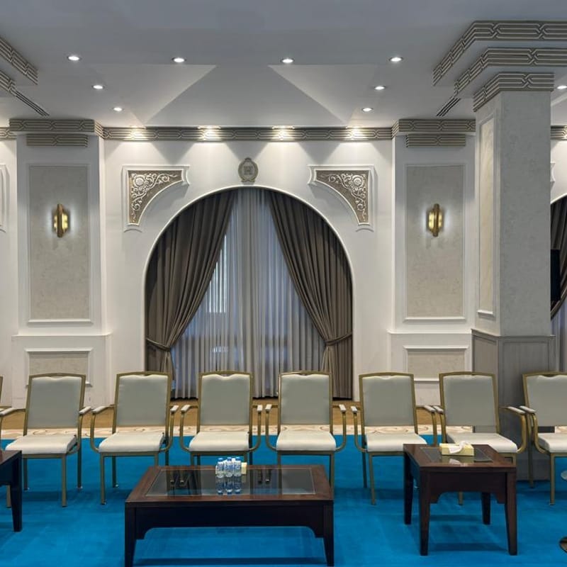 Elegant H Venue event hall interior featuring Islamic arched windows, geometric ceiling details, and premium furnishings